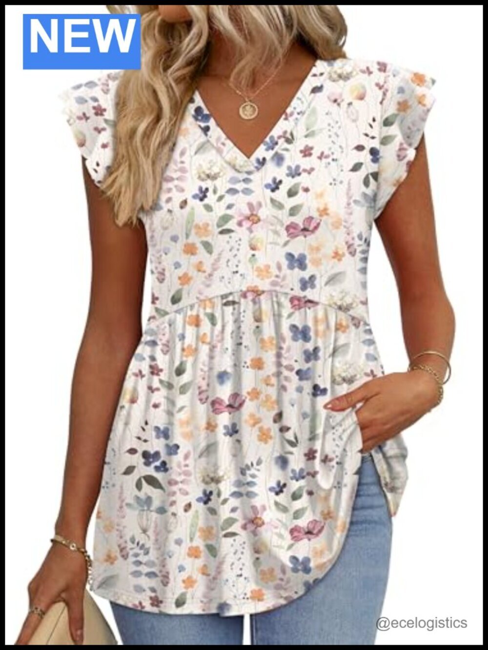 V Neck Babydoll Top with Ruffle Sleeve Flowy Blouse